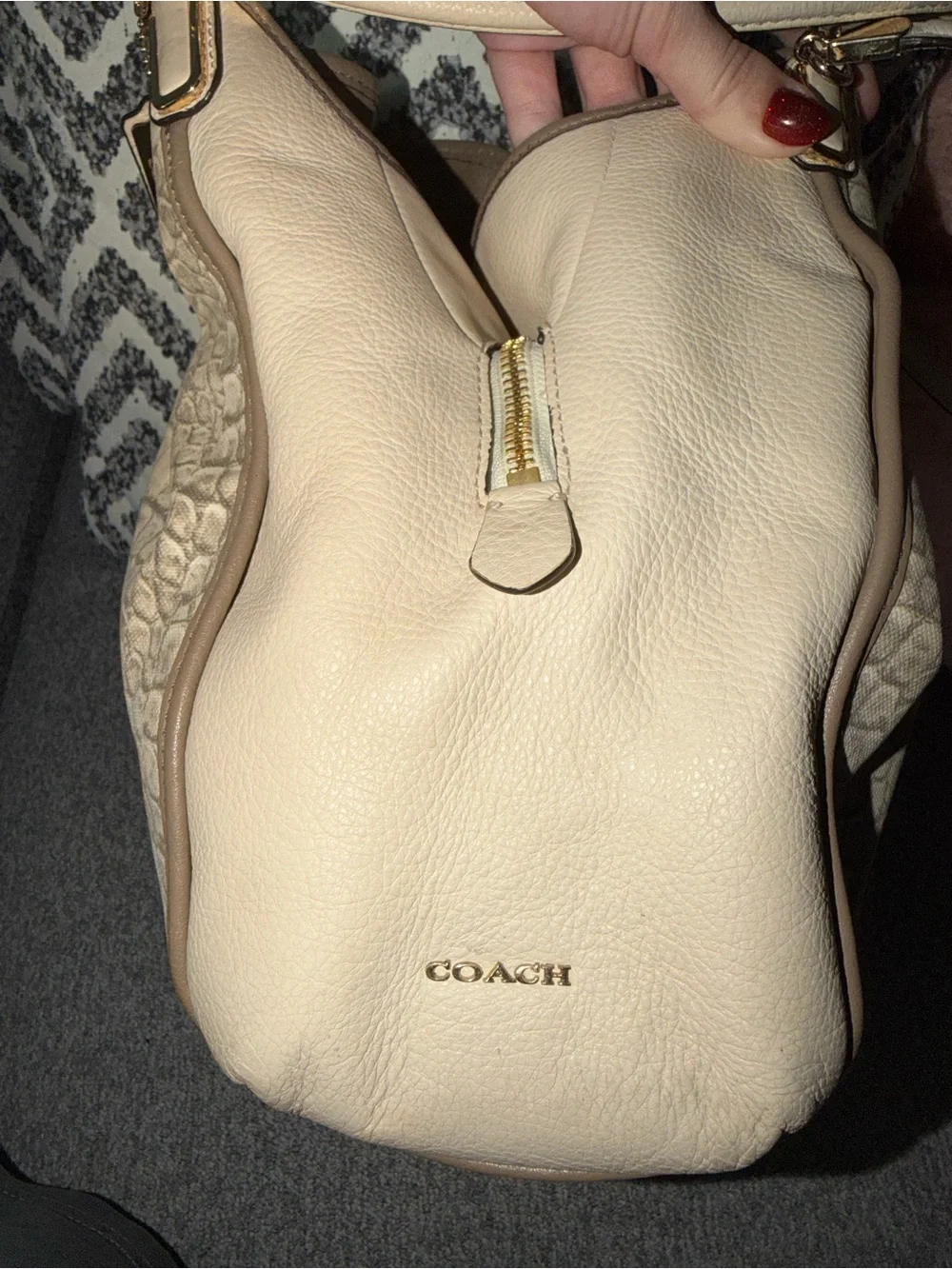 Coach Beige Croc-Embossed Canvas and Pebbled Leather Madison Shoulder Bag